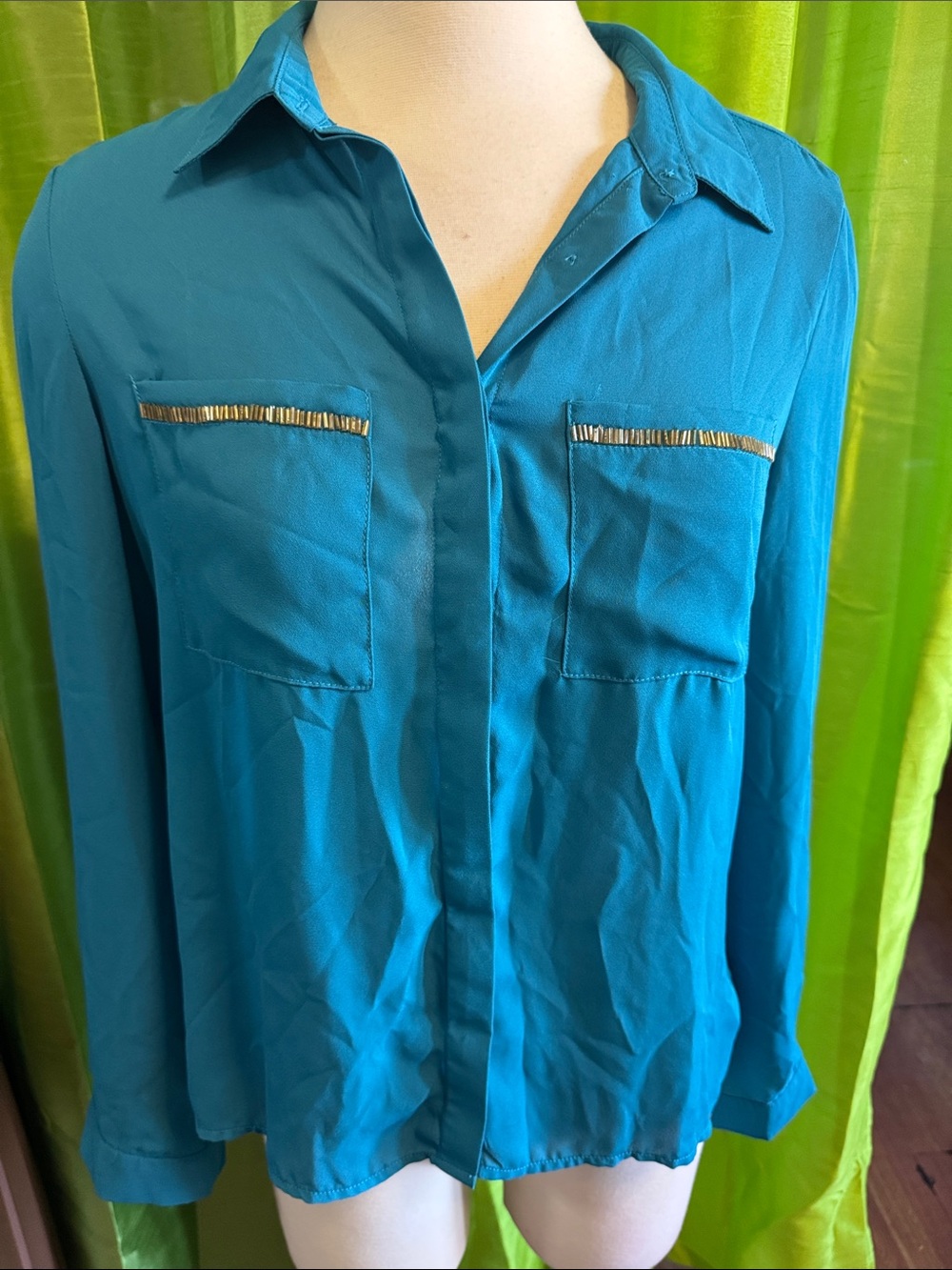 Teal Button-Front Blouse with Metallic Trim